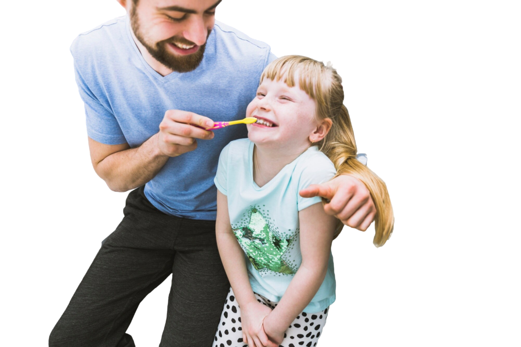 father and daughter brushing with fun 