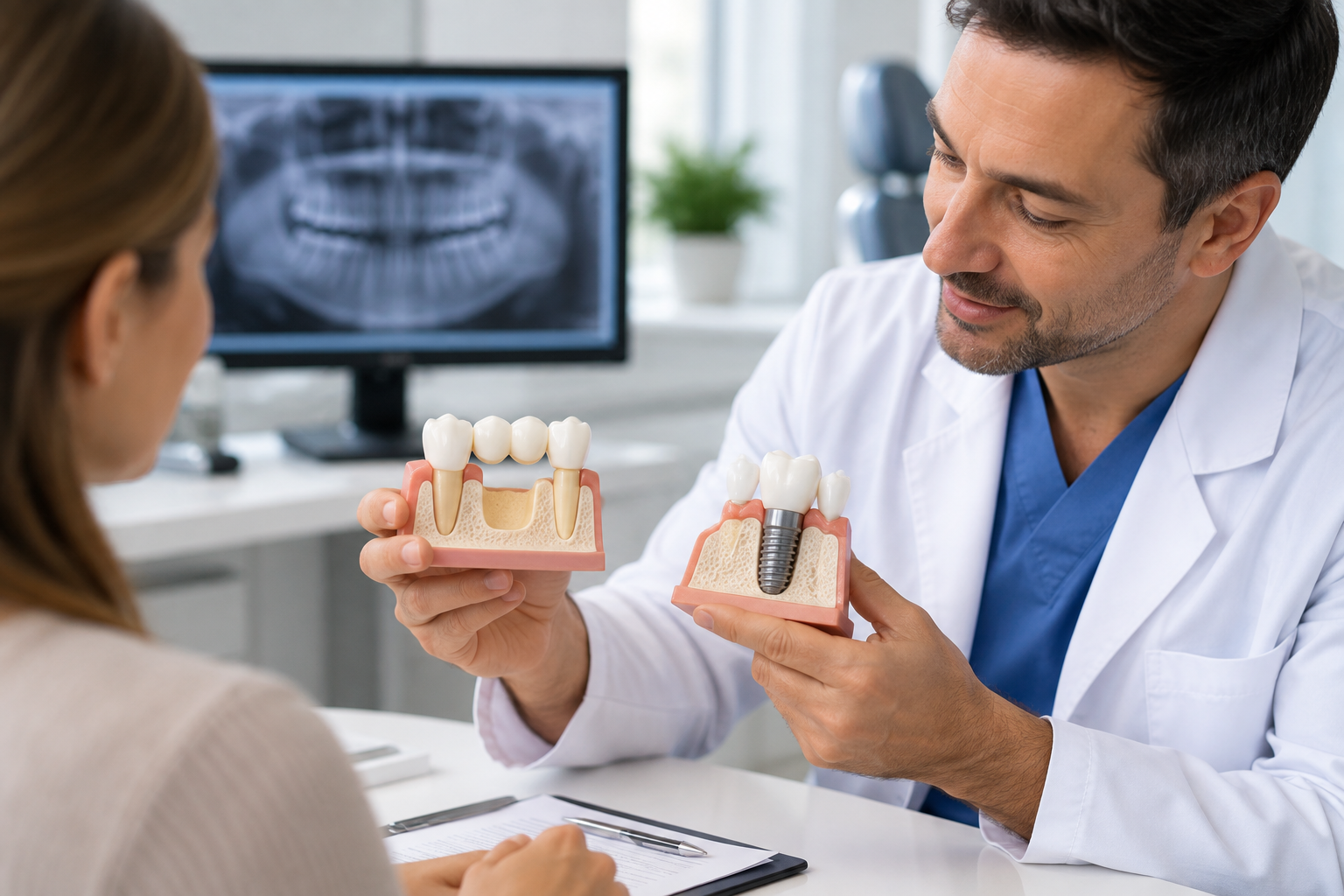 Dentist shows patient dental implant vs. bridge models.