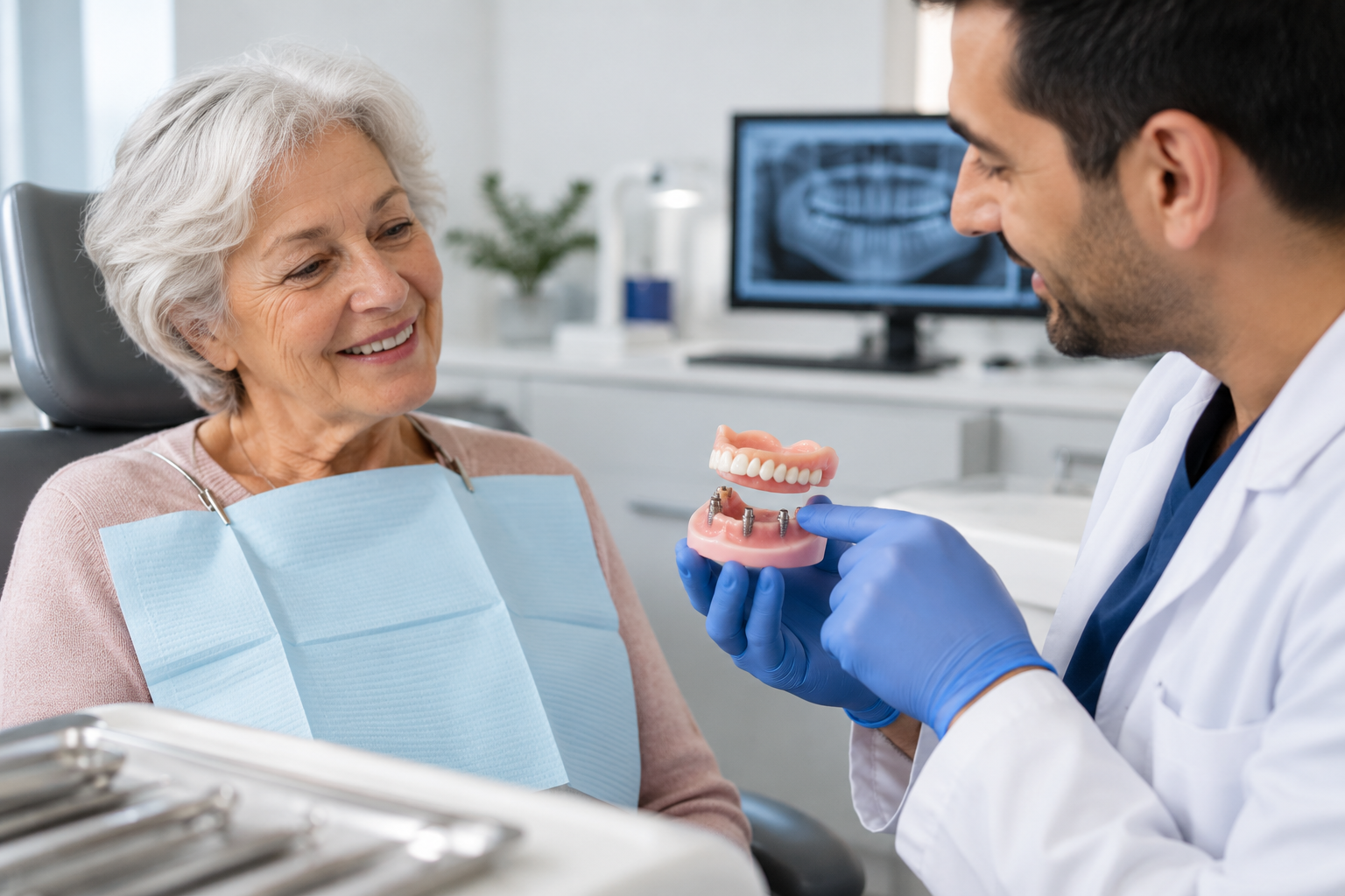 Dentist shows patient a model of implant-supported dentures.