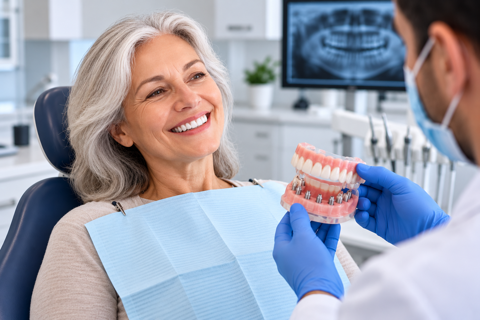 Dentist shows patient a dental implant model in a modern dental office.