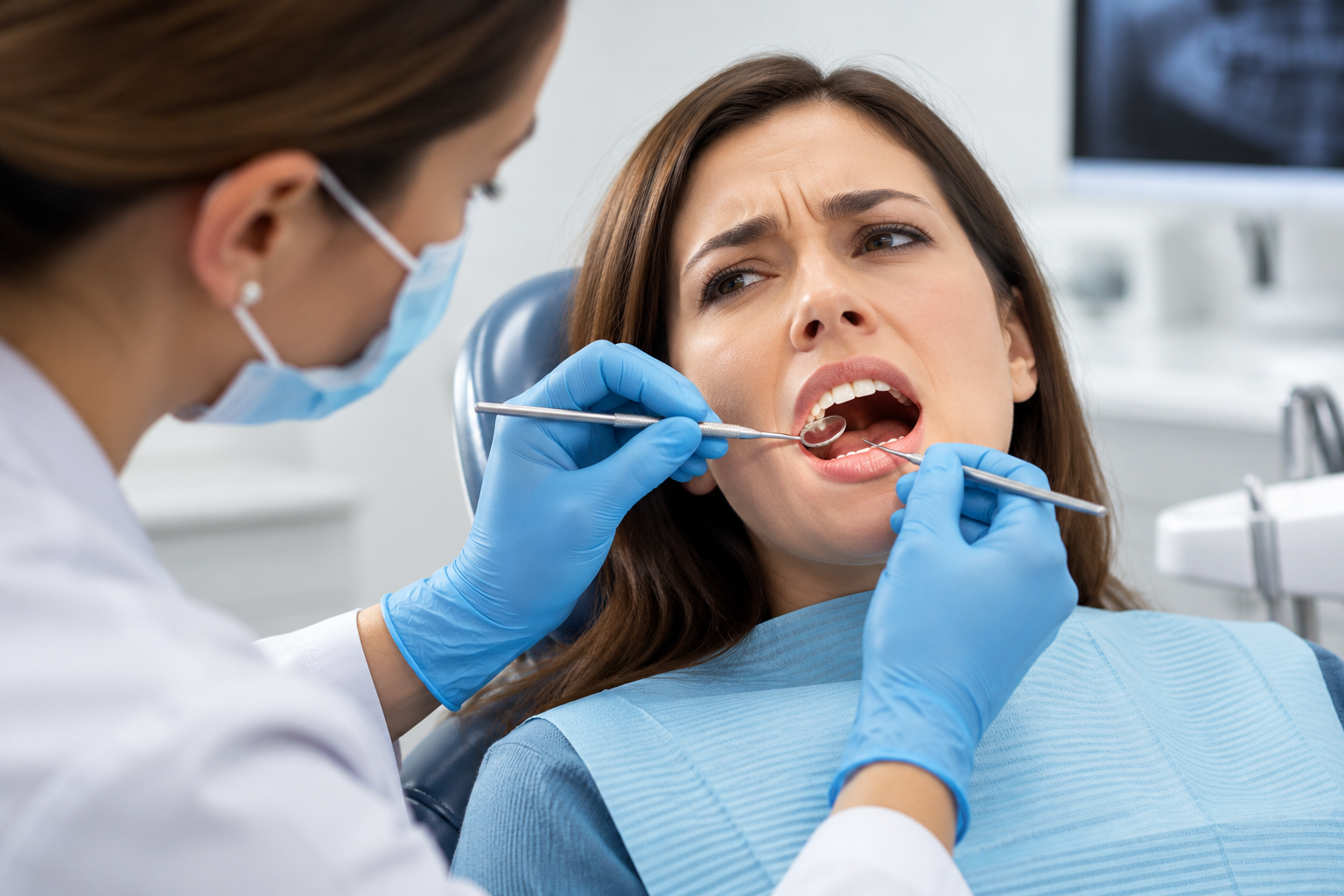 Dentist examining a patient's painful mouth with dental tools.
